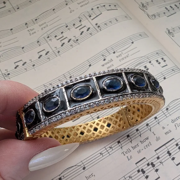 Gold-Tone Blue Sapphire Halo Bangle Bracelet - Picture 1 of 12
